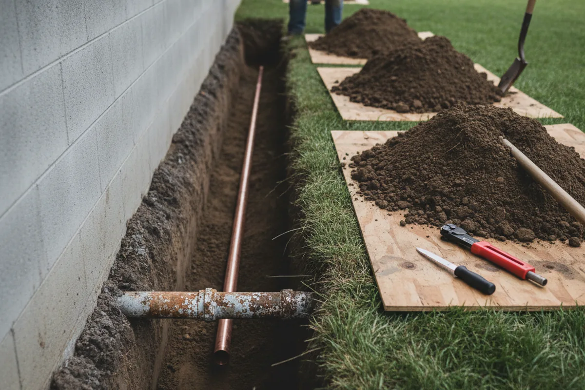 Excavated water line trench during Water Heater Repair in Clinton